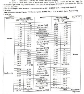 बिलासपुर- येलहंका (बेंगलुरु) के बीच दिसंबर में स्पेशल ट्रेन